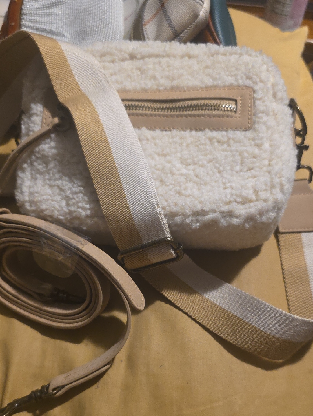 Universal Thread Cream Faux-Shearling Crossbody With Beige Stripe Strap